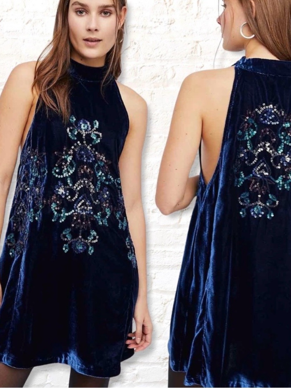 Free People Jill's Sequin Swing Halter Mini Dress  Blue Combo Women’s Size Small